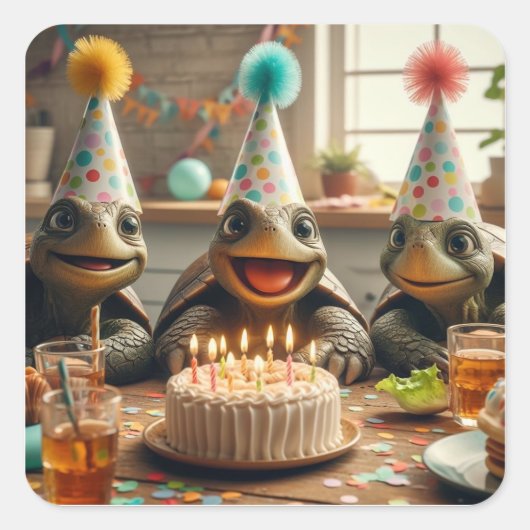 Turtles celebrating birthday with cake and hats vierkante sticker (Voorkant)