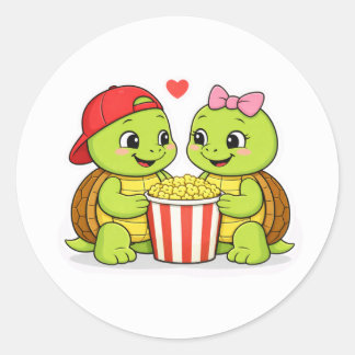 Turtles enjoying movie night together ronde sticker