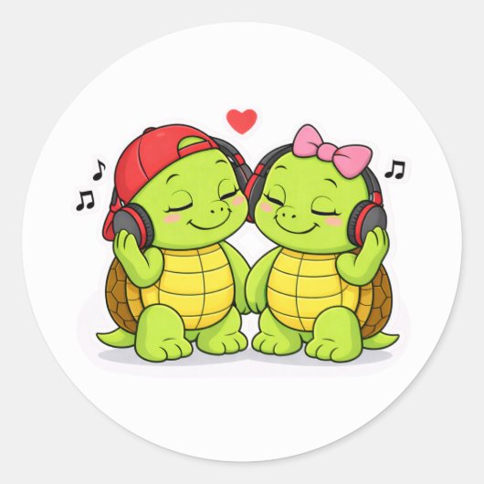 Turtles enjoying music together ronde sticker (Voorkant)