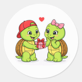 Turtles exchanging a gift of love ronde sticker