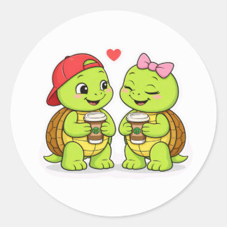 Turtles sharing coffee and smiles ronde sticker