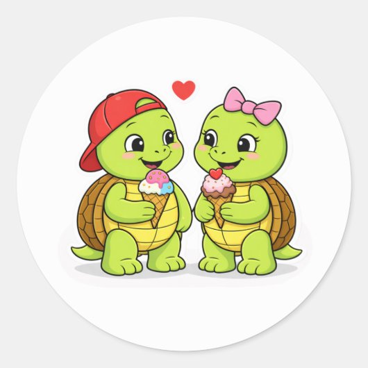 Turtles sharing ice cream and love ronde sticker (Voorkant)