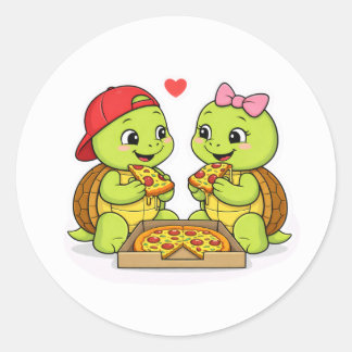 Turtles sharing pizza and smiles ronde sticker