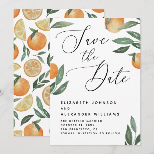 Tuscaans Citrus Bruiloft | Elegant Schrift Oranje Save The Date (Voorkant / Achterkant)