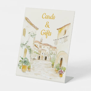 Tuscaans dorpsbruiloftkaarten en -cadeaus reclamebord met voetstuk