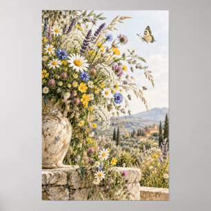 Tuscaanse vaas met wilde bloemen vlinder muurkunst poster