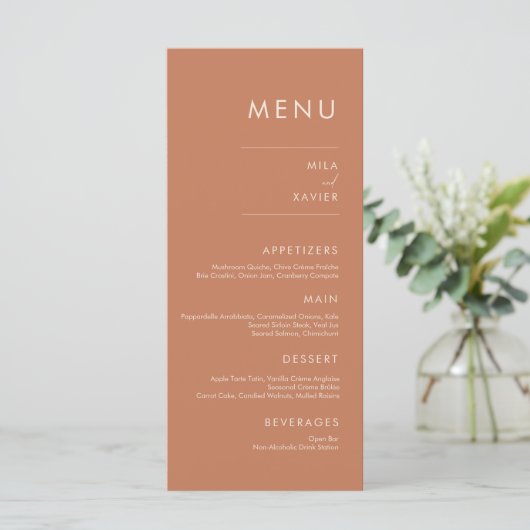 Tuscan Amber | Moderne minimale bruiloft Menu (Staand voorkant)