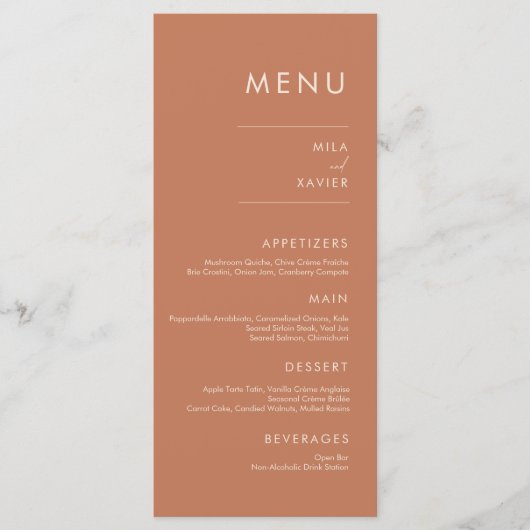 Tuscan Amber | Moderne minimale bruiloft Menu (Voorkant)