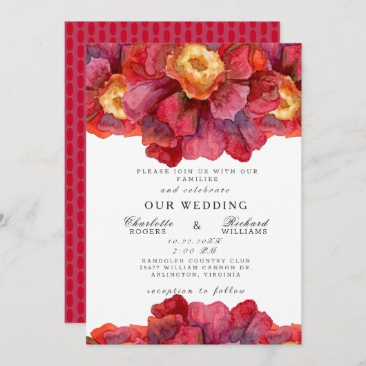Tuscan Bold and Vibrant Red Floral Wedding Kaart (Voorkant / Achterkant)