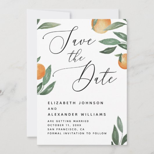 Tuscan Citrus Bruiloft | Elegant Script Sinaasappe Save The Date (Voorkant)