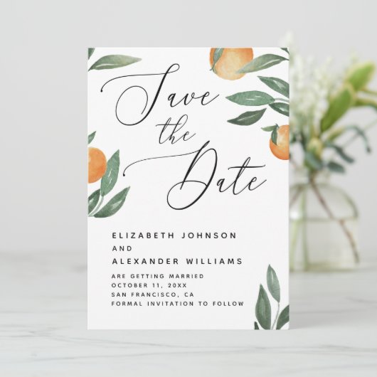 Tuscan Citrus Bruiloft | Elegant Script Sinaasappe Save The Date (Staand voorkant)