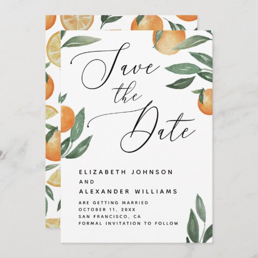 Tuscan Citrus Bruiloft | Elegant Script Sinaasappe Save The Date (Voorkant / Achterkant)