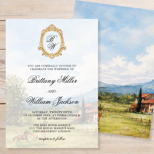 Tuscan Countryside Landscape Monogram Wedding  Kaart