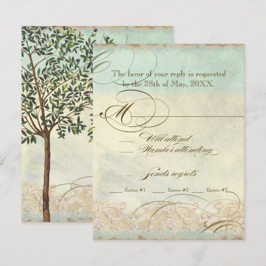 Tuscan Olijfboom n Swirl - Huwelijks RSVP antwoord (Voorkant / Achterkant)