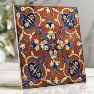 Tuscan Terracotta Blauw en Goud Bloemmotief Tegeltje