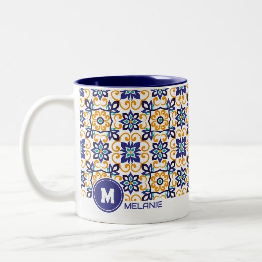 Tuscan Verve Vibrant Scrollwork Mediterranean Tweekleurige Koffiemok (Links)