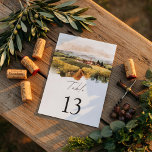 Tuscan Vineyard Wedding | Italian Countryside Kaart<br><div class="desc">Guide your guests to their seats with this elegant Tuscan vineyard wedding table number, featuring a romantic watercolor landscape of rolling vineyards and a charming Italian countryside villa. Inspired by the beauty of Tuscany wine country, this design perfectly complements vineyard and destination weddings. The scenic vineyard illustration paired with modern...</div>