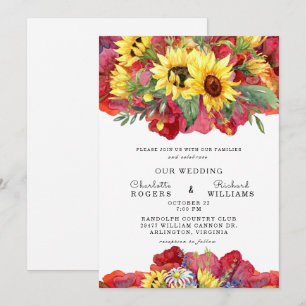Tuscan Yellow and Vibrant Red Bold Floral Wedding Kaart