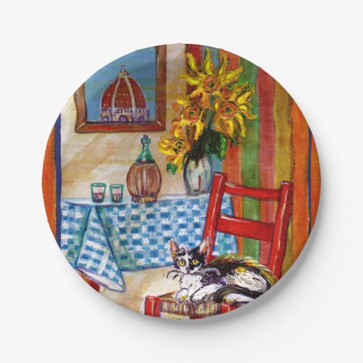 TUSCANY KITCHEN CAT,SUNFLOWERS-WIJNGLASSEN PAPIEREN BORDJE (Voorkant)