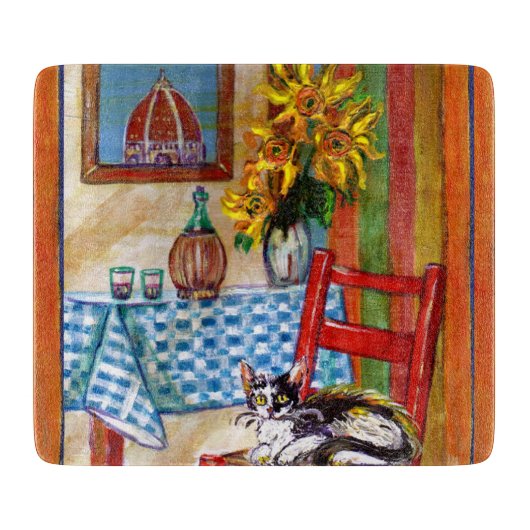 TUSCANY KITCHEN CAT,SUNFLOWERS-WIJNGLASSEN SNIJPLANK (Voorkant)