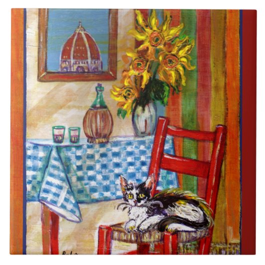 TUSCANY KITCHEN CAT,SUNFLOWERS-WIJNGLASSEN TEGELTJE (Voorkant)