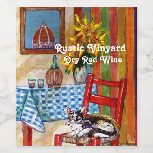 TUSCANY KITCHEN CAT,SUNFLOWERS-WIJNGLASSEN WIJN ETIKET (Enkel label)