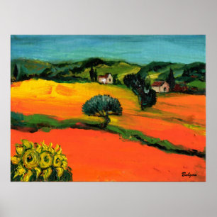 TUSCANY LANDSCAPE MET ZONLOWERS POSTER