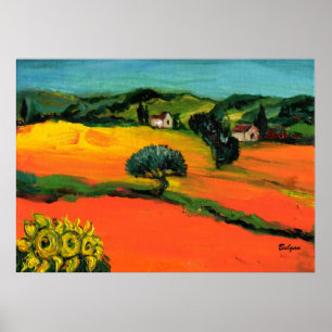 TUSCANY LANDSCAPE MET ZONLOWERS POSTER