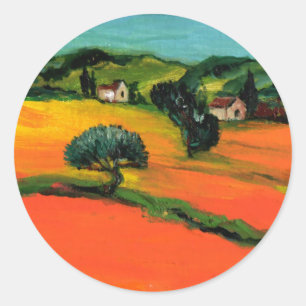 TUSCANY LANDSCAPE MET ZONLOWERS RONDE STICKER
