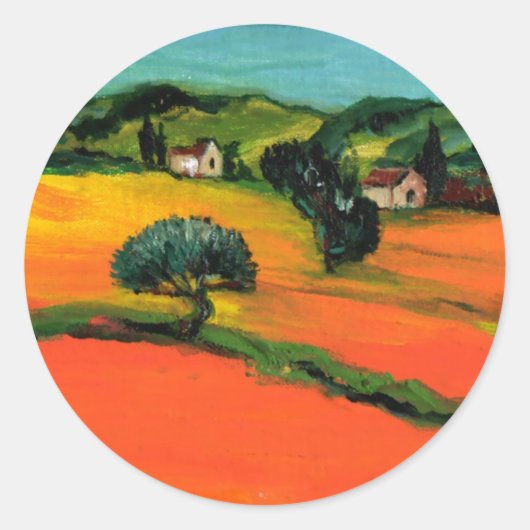 TUSCANY LANDSCAPE MET ZONLOWERS RONDE STICKER (Voorkant)