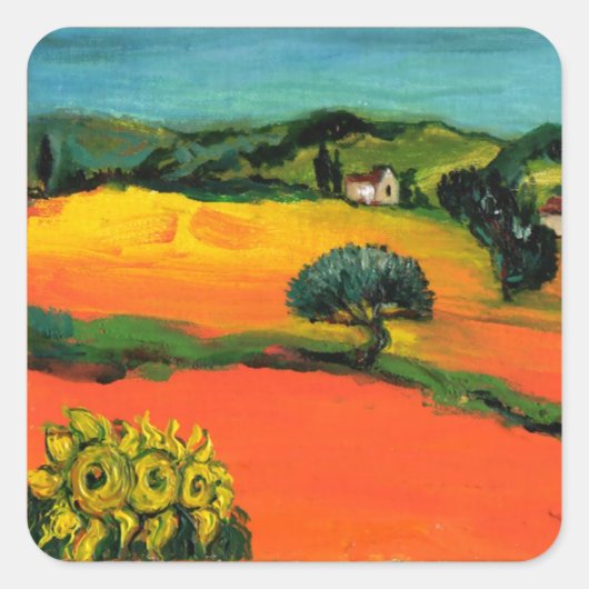 TUSCANY LANDSCAPE MET ZONLOWERS VIERKANTE STICKER (Voorkant)