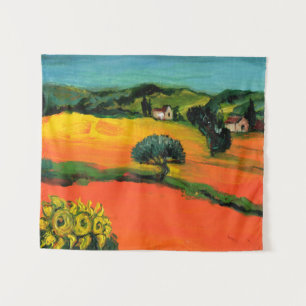 TUSCANY LANDSCAPE WITH SUNFLOWERS IN RED ORANGE WANDKLEED
