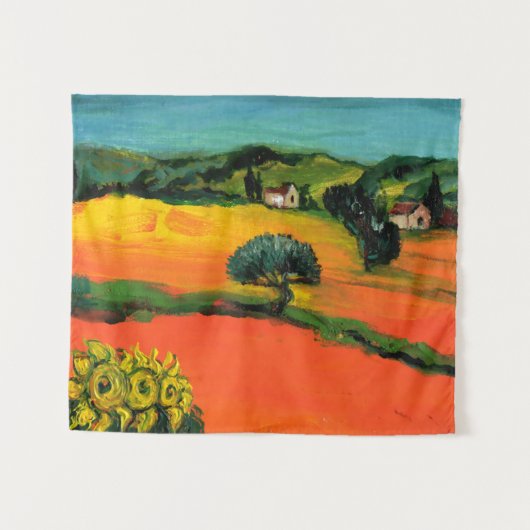 TUSCANY LANDSCAPE WITH SUNFLOWERS IN RED ORANGE WANDKLEED (Voorkant (horizontaal))