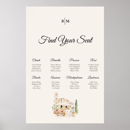 Tuscany Wine Table Wedding Seating Chart Poster (Voorkant)