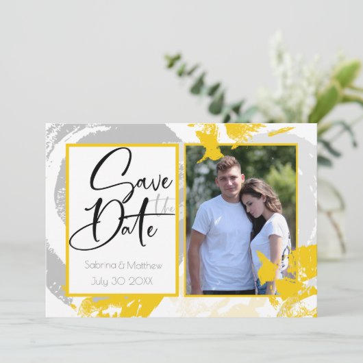 Tuscany Yellow Grey Brush Strokes Save the Date Kaart (Staand voorkant)