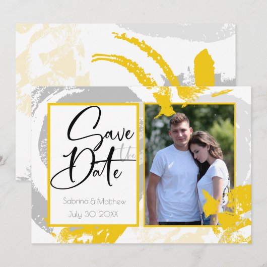 Tuscany Yellow Grey Brush Strokes Save the Date Kaart (Voorkant / Achterkant)