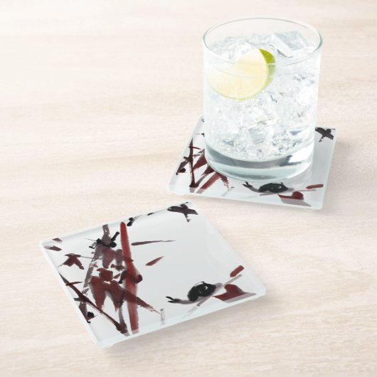 Tuschekunst mit Schnecke und Rotem Bambus Glazen Onderzetter (Schuin)