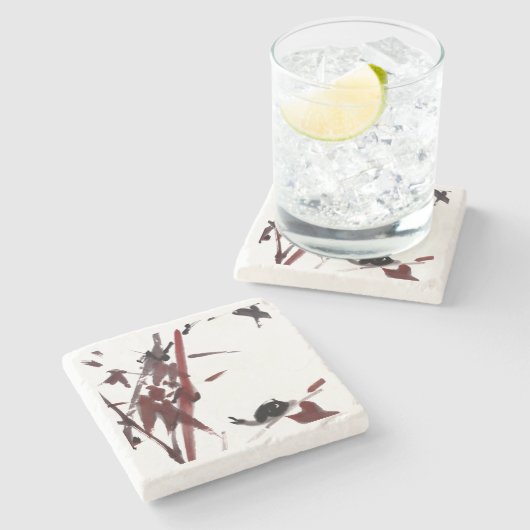 Tuschekunst mit Schnecke und Rotem Bambus Stenen Onderzetter (Zijkant)