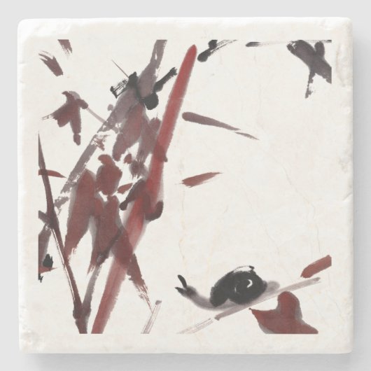 Tuschekunst mit Schnecke und Rotem Bambus Stenen Onderzetter (Voorkant)