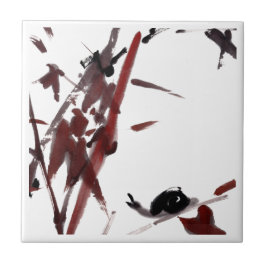 Tuschekunst mit Schnecke und Rotem Bambus Tegeltje