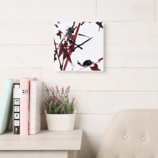 Tuschekunst mit Schnecke und Rotem Bambus Vierkante Klok (Leeskamer)