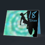 Tussen rots en hemel, klimmer 18th Birthday-kaart Kaart<br><div class="desc">Een volledig aanpasbare Birthday-kaart voor de klimmer in je leven met 'Tussen rock en sky'-kunstwerk van bekende Britse kunstenaar Jane Tellam van een vrouw die in silhouette klimt met abstracte kunst van de achtergrond met blauwe dye-stijl. Kunstwerk copyright Mindgoop</div>