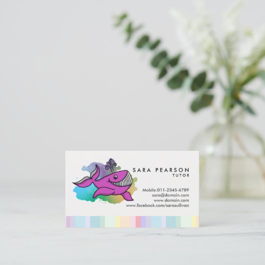 Tutor onderwijs bijles Cartoon walvis Visitekaartje (Staand voorkant)