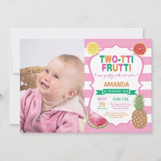 Tutti Frutti Birthday Party Invitation 2nd Bday Kaart (Voorkant)