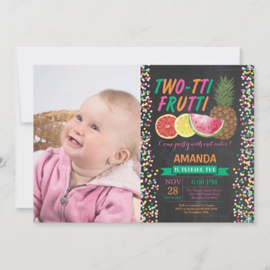 Tutti Frutti Birthday Party Invitation 2nd Bday Kaart (Voorkant)