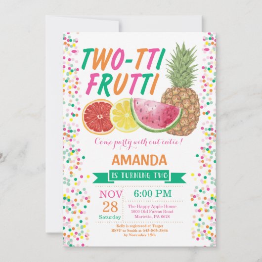 Tutti Frutti Birthday Party Invitation 2nd Bday Kaart (Voorkant)