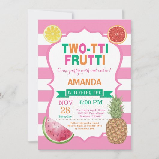 Tutti Frutti Birthday Party Invitation 2nd Bday Kaart (Voorkant)