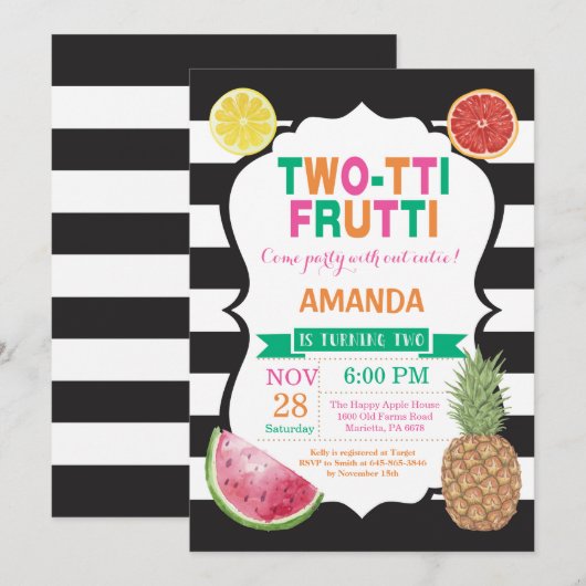 Tutti Frutti Birthday Party Invitation 2nd Bday Kaart (Voorkant / Achterkant)