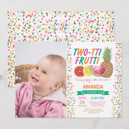 Tutti Frutti Birthday Party Invitation 2nd Bday Kaart (Voorkant / Achterkant)
