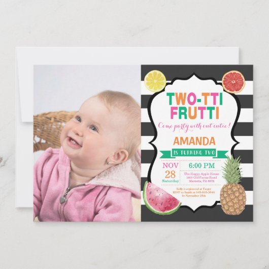Tutti Frutti Birthday Party Invitation 2nd Bday Kaart (Voorkant)